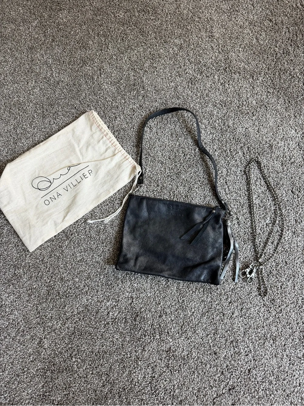 Ona Villier Black Leather Crossbody Clutch Purse w Tassel & Dust Bag